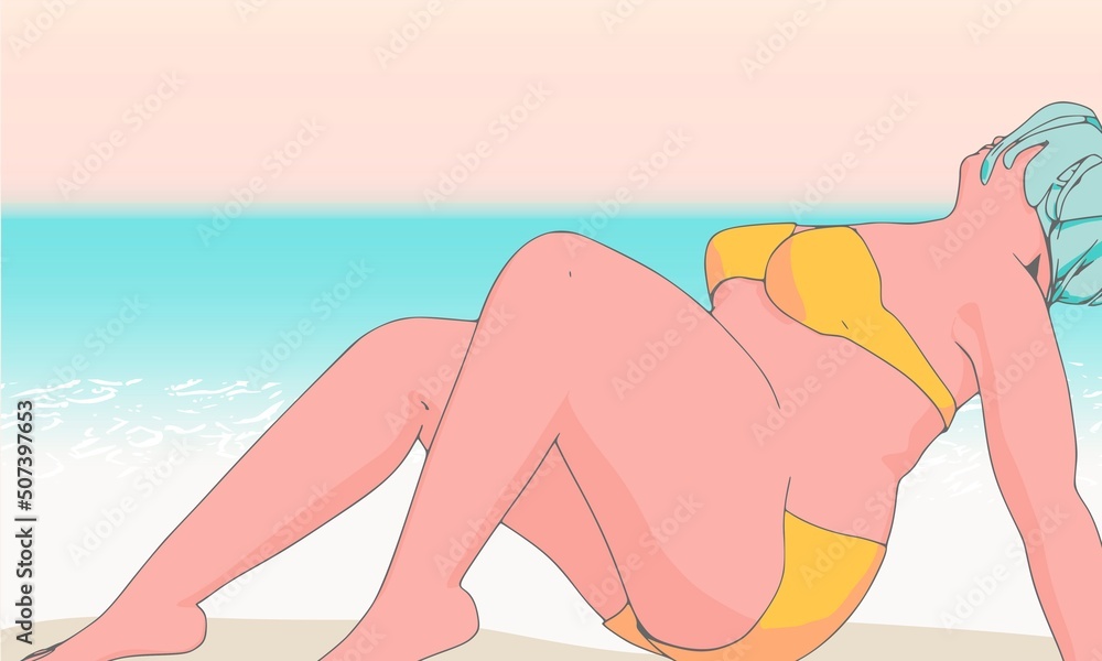Beautiful plus size woman wearing underwear or swimsuit. Body positive concept. Attractive overweight girl relaxing on beach in summer. For Fat acceptance movement.