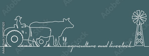 Agricultural machinery. Vehicle for field farm work. Industrial tractor transport with driver and cow thin line icons. Agriculture and livestock text. Continuous line illustration for eco products