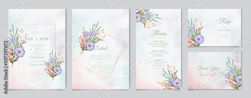 Wedding invitation card template set with watercolor and floral decoration. Flowers illustration for save the date  greeting  poster  and cover design  Abstract Background.