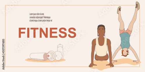 Two biracial fitness women. Sport banner. Young women wearing workout clothes. Sport fashion girl outline in urban casual style.