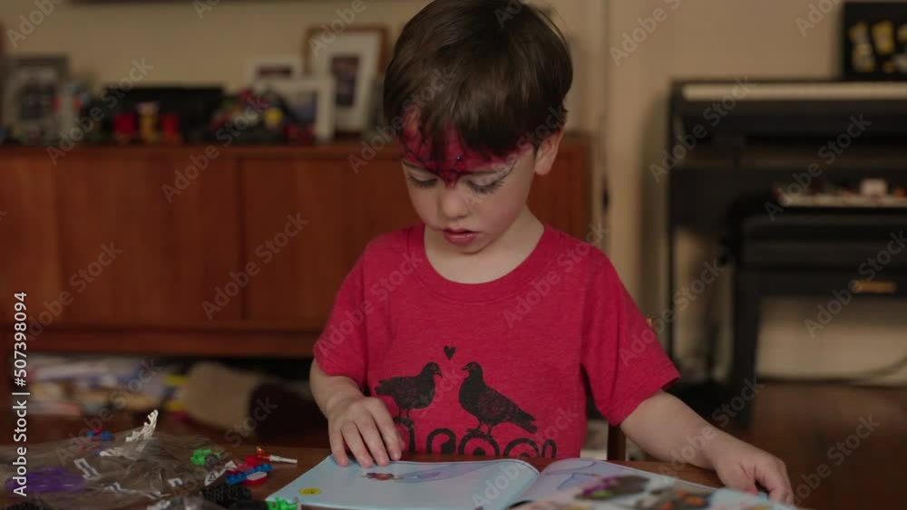 Cinematic view of a little boy wearing a red T-shirt with two birds opens a drawing book and engages in a work of art. Cinematic view of a little boy wearing a red T-shirt with two birds opens a drawing book and engages in a work of art.