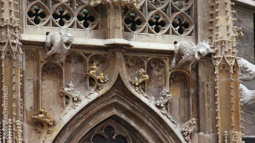 Gargoyles at the Cathedral of St. Stephen. Stephansdom. Vienna, Austria. 4K.