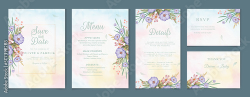 Wedding invitation card template set with watercolor and floral decoration. Flowers illustration for save the date, greeting, poster, and cover design  Abstract Background.
