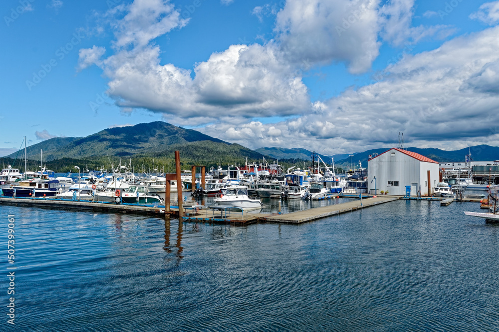 Boats docked in the marina at Rushbrook Harbor in Prince Rupert in British Columbia, Canada