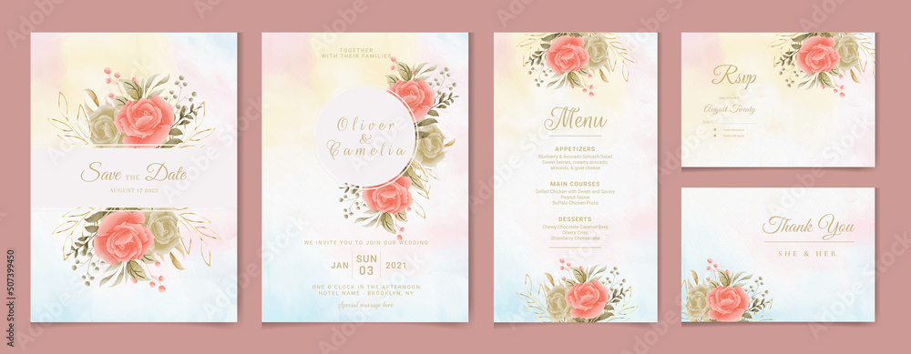 Set of card with flower rose, leaves. Wedding red, orange and gold concept. Floral poster, invite. Vector decorative greeting card or invitation design background 