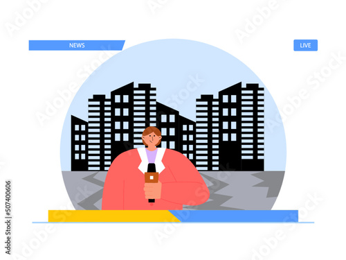 Reporters live broadcast the situation in urban areas. There are many high-rise buildings in urban areas. Ai vector illustration	