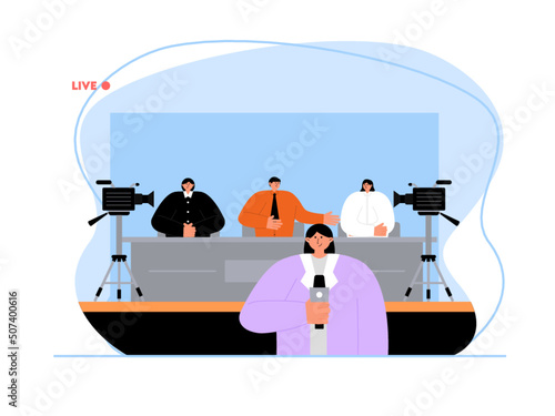 Reporters broadcast live on political events. The candidates show their mission and vision if elected. Ai vector illustration	
