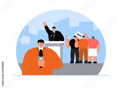 Reporters live broadcast the political party electing a president. The presidential candidate came with his supporters. Ai vector illustration	