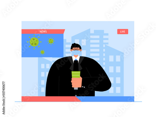 A news anchor reports about the corona virus. Everyone must wear a mask in public places. Ai vector illustration	