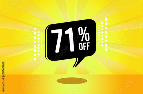  71% off. Yellow banner with seventy one percent discount on a black balloon for mega big sales.