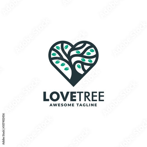Vector Logo Illustration Love Tree Simple Color Style.