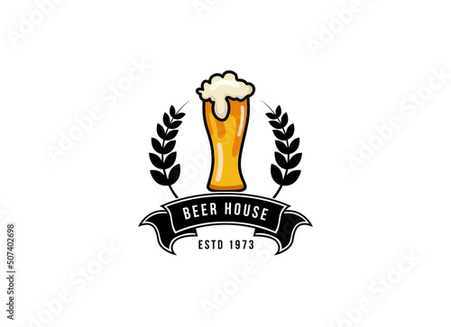 Craft Beer glass and malt Brewery label logo design vector in trendy modern cartoon line style illustration. Liquor logo for pub and bar club