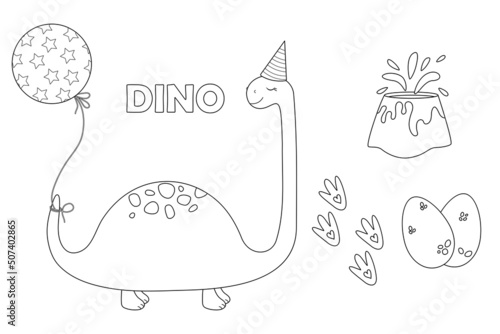 coloring set for kids with a dinosaur. a set of elements for coloring, dinosaur, volcano, dragon eggs, dragon paw prints