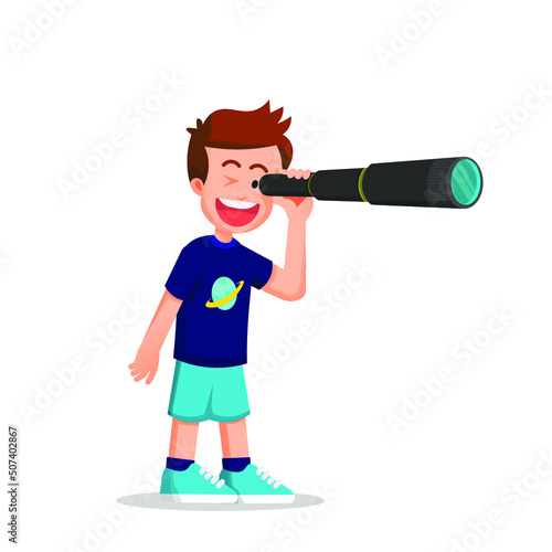 cute little boy observing something with his telescope