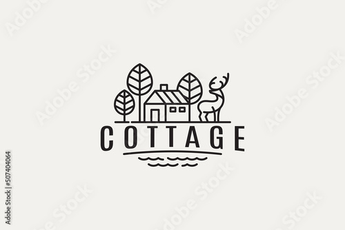 Fototapete cottage logo with a combination of a cottage, trees and a deer in outline style