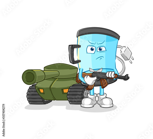 blender soldier with tank character. cartoon mascot vector