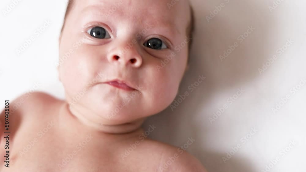 Video portrait of a baby toddler on a white background . Happy baby. A happy child. An infant looks into the camera . White background. High quality FullHD footage Video portrait of a baby toddler on a white background . Happy baby. A happy child. An infant looks into the camera . White background. High quality FullHD footage