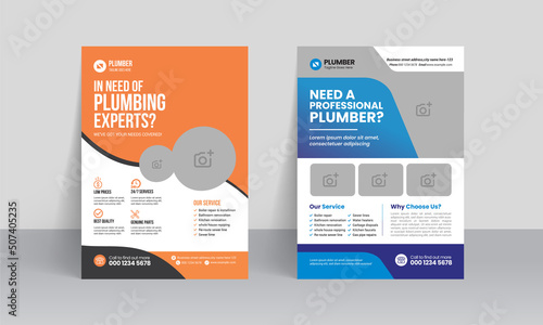 Professional plumber service flyer template, Home repair handyman leaflet design.