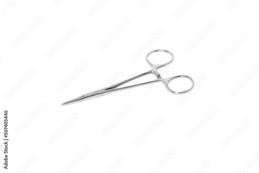 Small Surgical Clamp Scissors deep etched on white background Small Surgical Clamp Scissors deep etched on white background