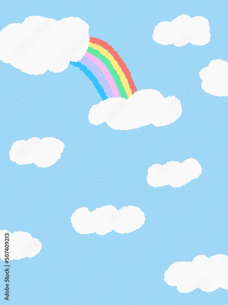 Image for background. Natural landscape. Blue sky and white clouds with rainbow.