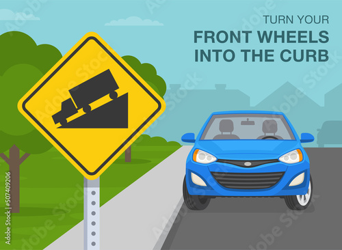 Outdoor parking rules and tips. How to park on a hill. Turn your front wheels into the curb. Close-up view of a downhill sign. Flat vector illustration template.