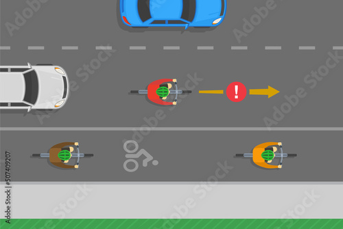 Safe bicycle riding and traffic regulation rules. Do not ride on the road, if there is a bicycle lane on a part of road. Flat vector illustration template.