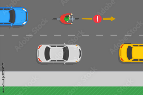 Safe bicycle riding and traffic regulation rules. Do not ride on the left of a motor vehicle, except overtaking. Flat vector illustration template.
