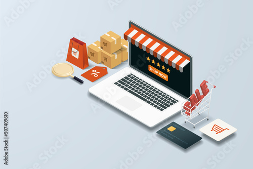 Online shopping via laptop, online store discount, paper bags parcel box, credit card and Sale 3d text on cart