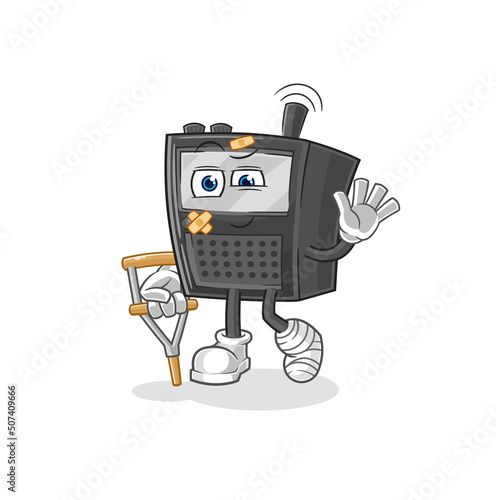 walkie talkie sick with limping stick. cartoon mascot vector
