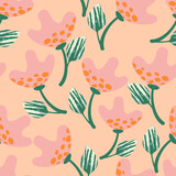 seamless  doodle hand drawn flowers with green leafs background , greeting card or fabric