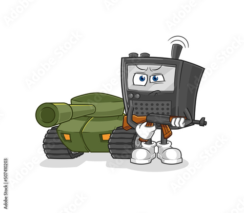 walkie talkie soldier with tank character. cartoon mascot vector