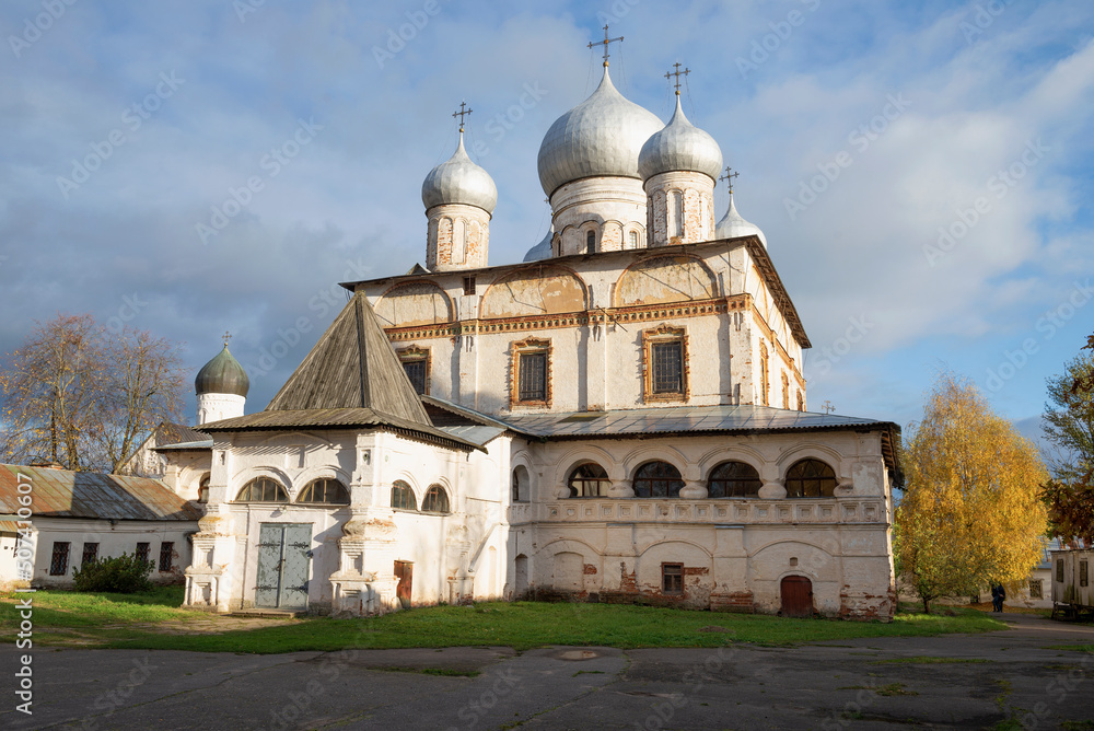 View of the ancient Cathedral of the Sign on a October afternoon. Veliky Novgorod, Russia