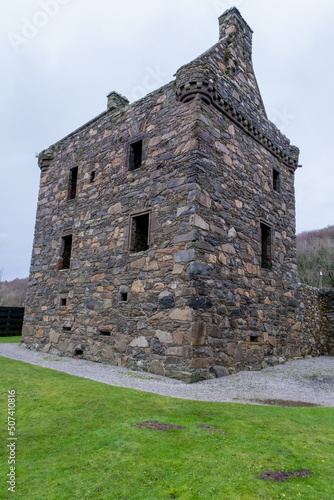 The ruins of Carsluith Castle stone tower house, Wigtown Bay, Scotland photo