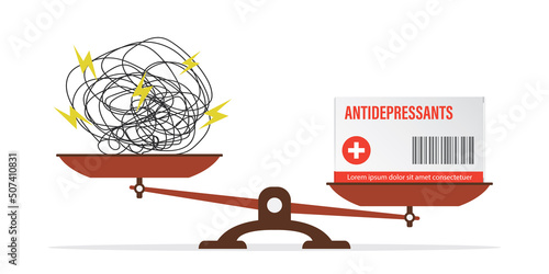 Mental problems and antidepressants on the scales. The choice between psychological pressure and medication. Packaging with pills. Health care, concept. photo