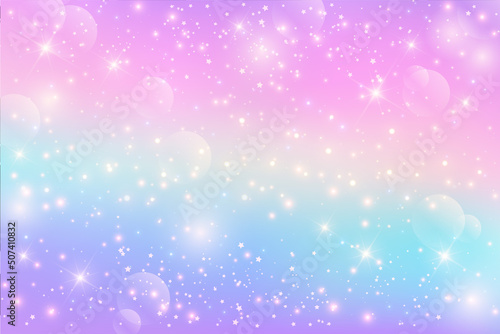 Rainbow unicorn fantasy background with stars. Holographic illustration in pastel colors. Bright multicolored sky. Vector.