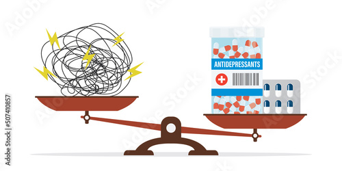 Mental problems and various antidepressants on the scales. The choice between psychological pressure and medication. Packaging with pills. Stress, health care, concept.