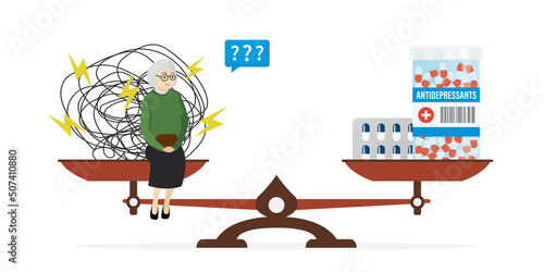 Mental problems and antidepressants on the scales. Unhappy grandmother select between psychological pressure and medication therapy. Packaging with pills. Stress, health care.