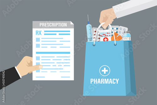 Customer with prescription for buying pills. Sickness man need drugs. Pharmacist giving shopping bag with various medications. Pharmacy, drugstore concept.
