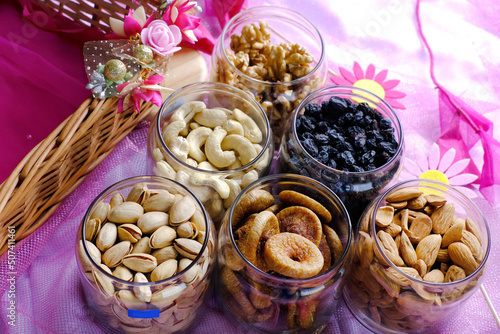 Mixed dry fruits, Nuts and Dry Fruits, Healthy snack - mix of organic nuts and dry fruits. photo