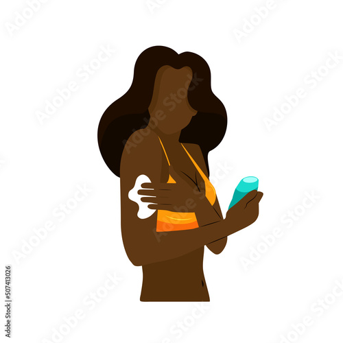 Afro Woman  Puts On Body Cream, vector illustration isolated on a white background 