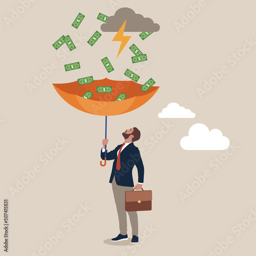Rich entrepreneur using umbrella to collect falling money from investment thunderstorm. Make money idea, passive income or profit and dividends from stock market investment, financial success concept.