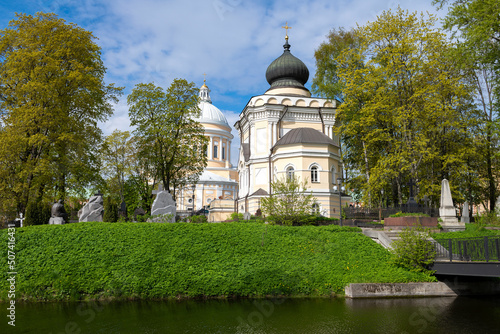 View of the St. Nicholas Church on the ancient St. Nicholas cemetery on a sunny May day. Alexander Nevsky Lavra, Saint Petersburg