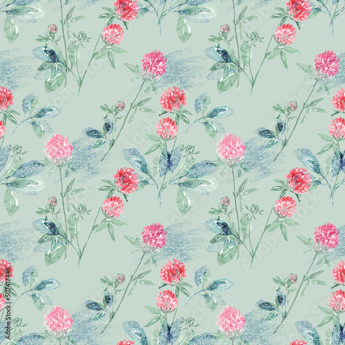 Seamless watercolor floral pattern. Red and pink clover flowers on a light  grayish green background.