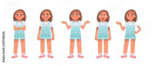 Little girl character set. The child is offended and upset, shrugs, happy, surprised, points. Vector illustration