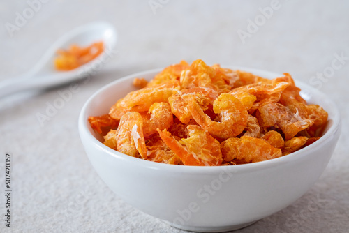 Dried shrimp in white bowl.