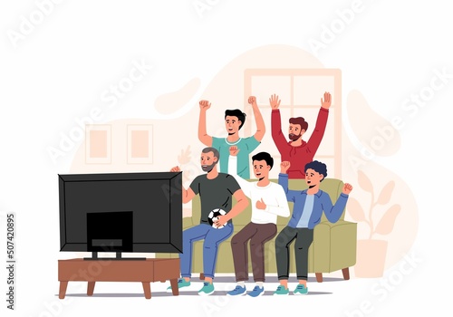 Football fans, friends watching match on TV at home. Men sitting on couch and celebrating soccer team winning or goal. Vector illustration for championship, leisure at home, sport game supporter