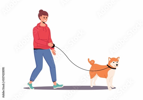 Woman walking with pet on leash. Vector flat illustration. Female strolling on street with dog. Adorable domestic animal owner enjoy outdoor activity