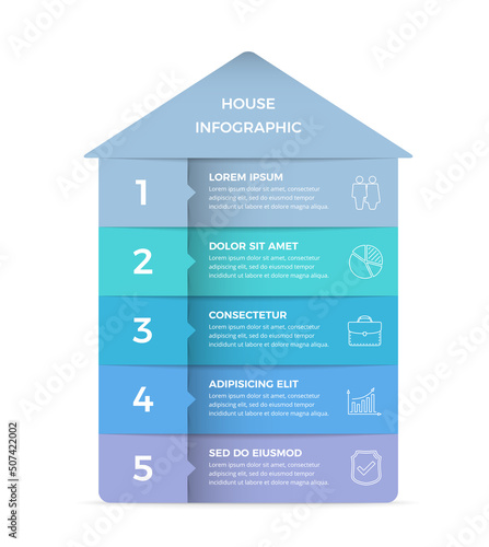 Infographic template with house divided on five elements with place for text and icons