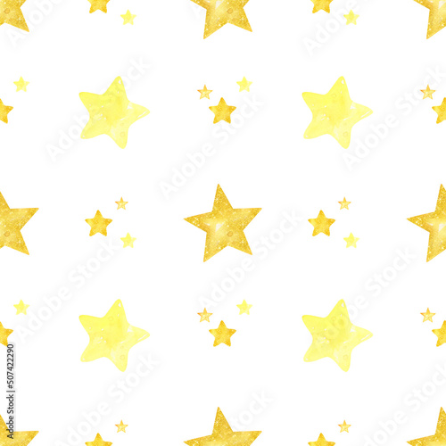 Seamless Pattern with Gold stars on white background. Hand painted watercolor print for baby textile design or wrapping paper