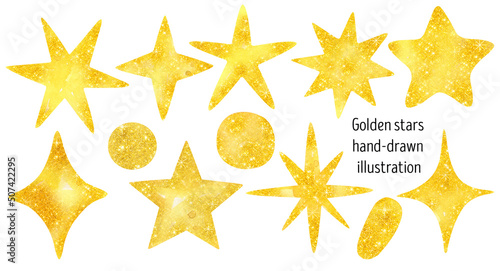 Yellow and gold stars watercolor set.Hand-painted illustration celebration. Abstract texture with glitter stars